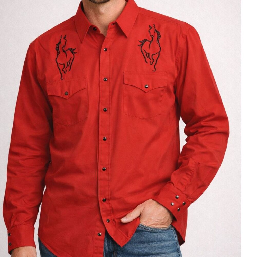 Embroidered Horses Cowboy Western Shirt Red HIGH NOON Medium Rocker Indy